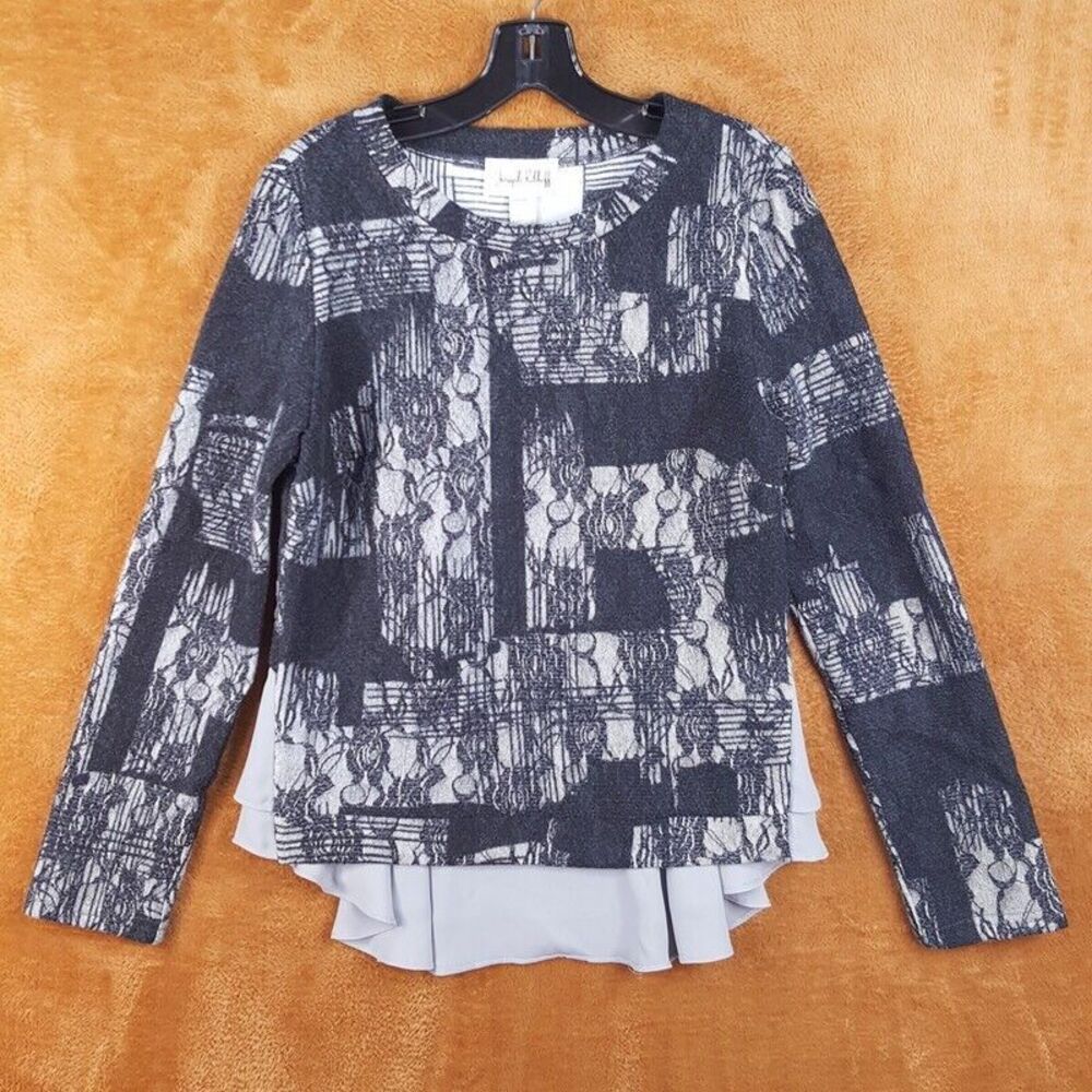JOSEPH RIBKOFF Womens Top Size 6 Gray Pullover Floral Knit Pleated Shirt Tail